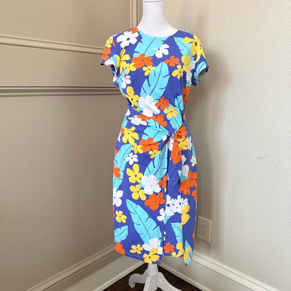 J.McLaughlin Havana Catalina Cloth Dress Blue Multicolor Front Tie Panels S